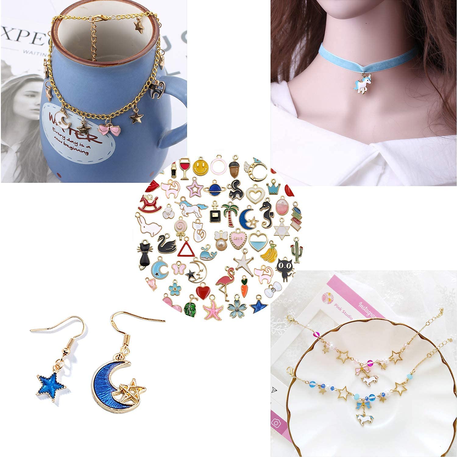 PALAY 60PCS Assorted Gold Plated Enamel Animal Moon Star Fruit Charm Pendant DIY for Necklace Bracelet Jewelry Making and Crafting (multi1) PALAY 60PCS Assorted Gold Plated Enamel Animal Moon Star Fruit Charm Pendant DIY for Necklace Bracelet Jewelry Making and Crafting (multi1)